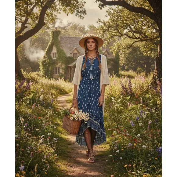 Jen's Pirate Booty Blue Paisley Print Boho High Low Maxi Dress Coastal Cowgirl S